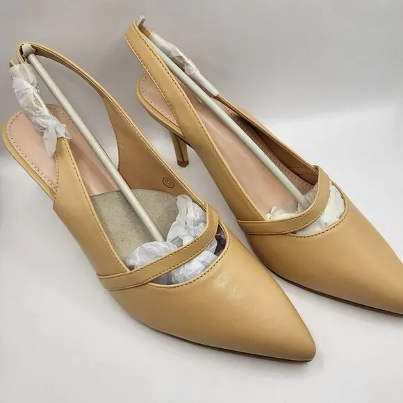 Womens Pumps Size 6.5 Tan Kitten Heels Pointed Toes Stiletto Sling Back Wedding - Picture 2 of 9